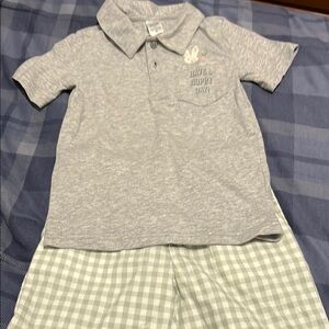 Gray Polo Shirt and Green Checkered Shorts Easter Set